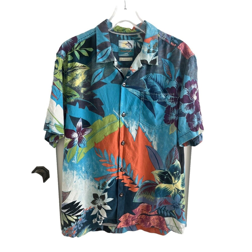 EUC Tommy Bahama Hawaiian Shirt Mens Short Sleeve 100% Silk Island modern Fit  L